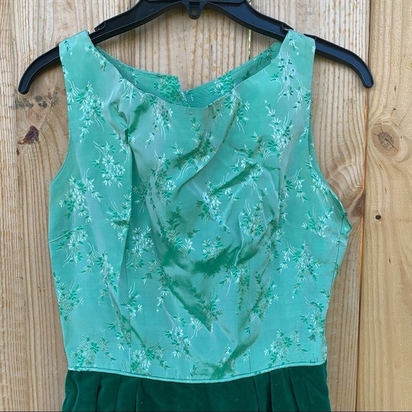 Vintage Handmade Sage & Dark Green Taffeta Velvet Holiday Cottagecore Dress - Picture 3 of 6